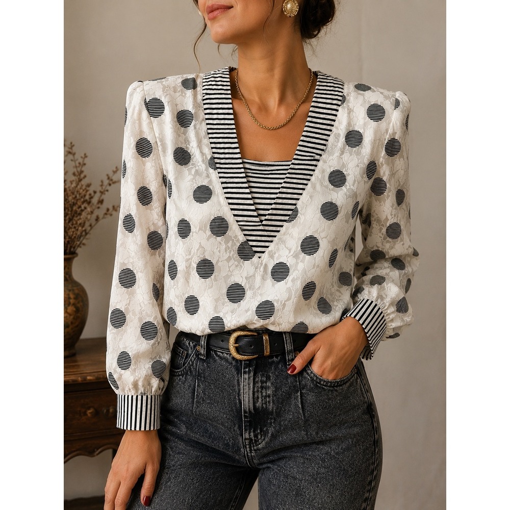 L 163 Vintage Black White Polka Dot Jacquard Blouse Shoulder Pads Made USA Mod
